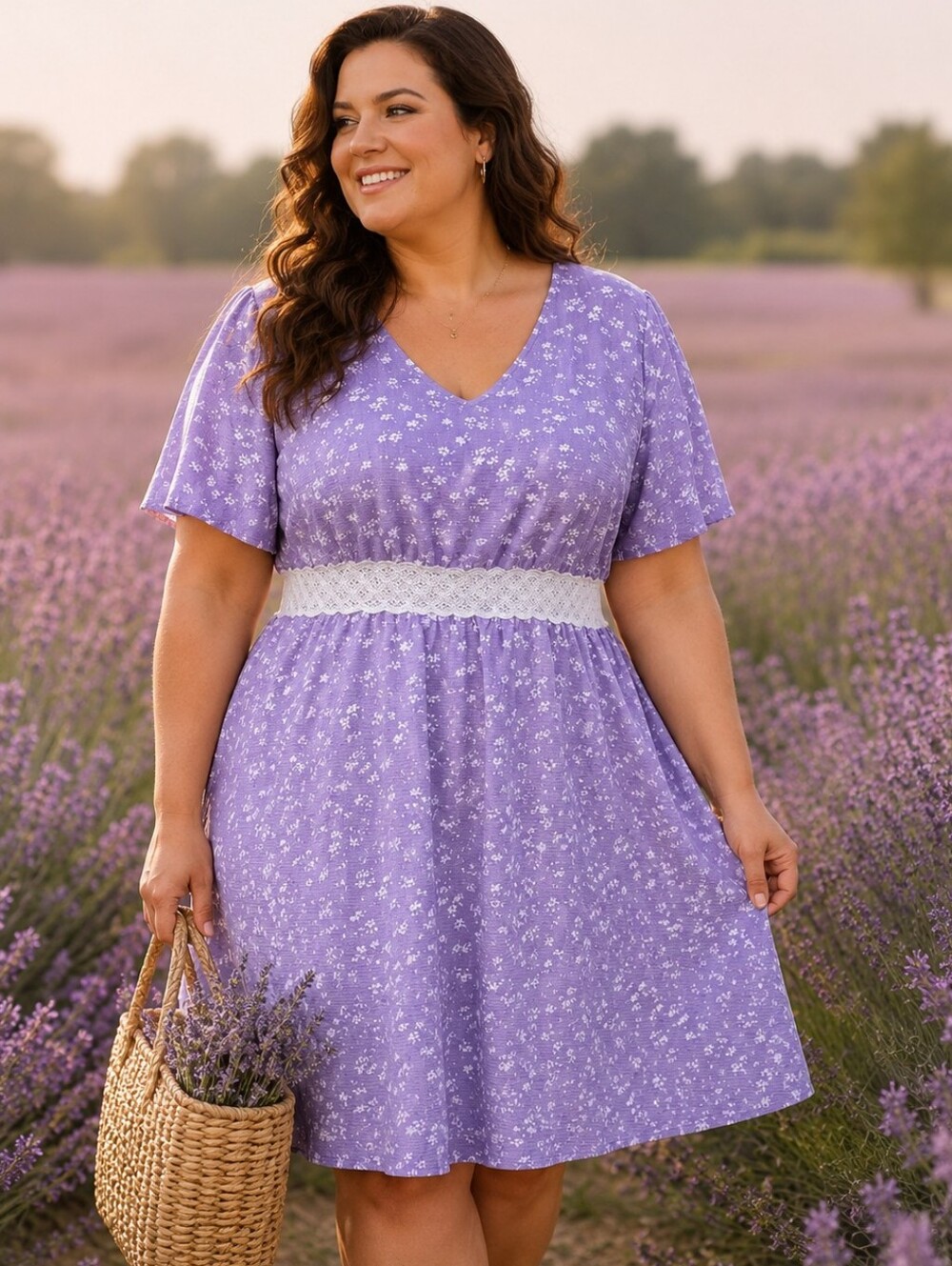 Bloom Chic Plus-Size 18: Lavender Floral V-Neck Knee Length Dress: Crochet Waist